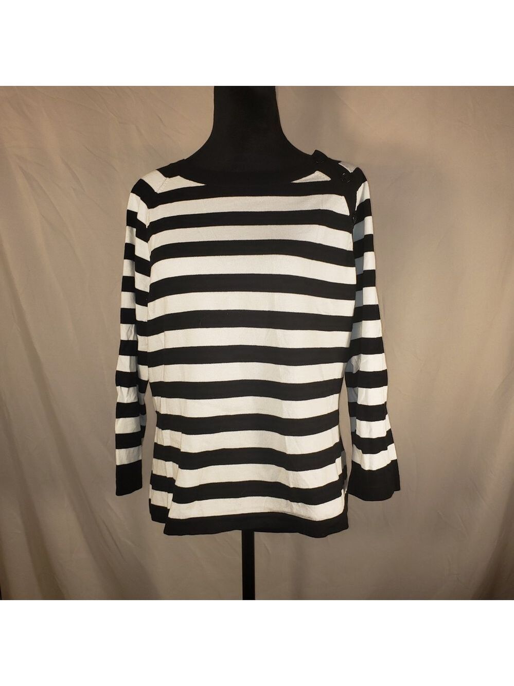 Talbots Black and White Striped Crew Neck Sweater - L